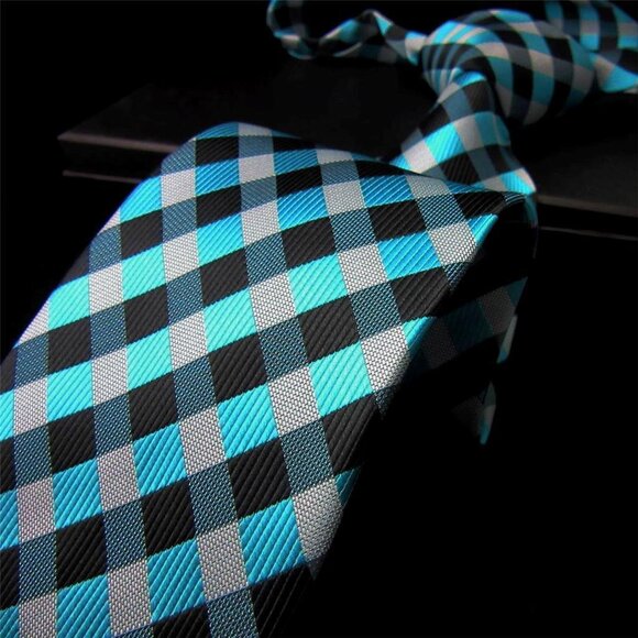 Aqua Blue Silver Gray Black Stripe Check Plaid Design 100% SILK TIE Jacquard Wov - Picture 2 of 7